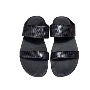 FitFlop Lulu Woven Slides Women's 10 Black Supportive Wedge Sandals EUC